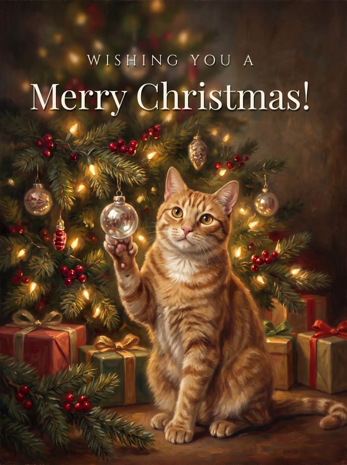 A finished card: an orange tabby cat reaching up for a Christmas ornament
