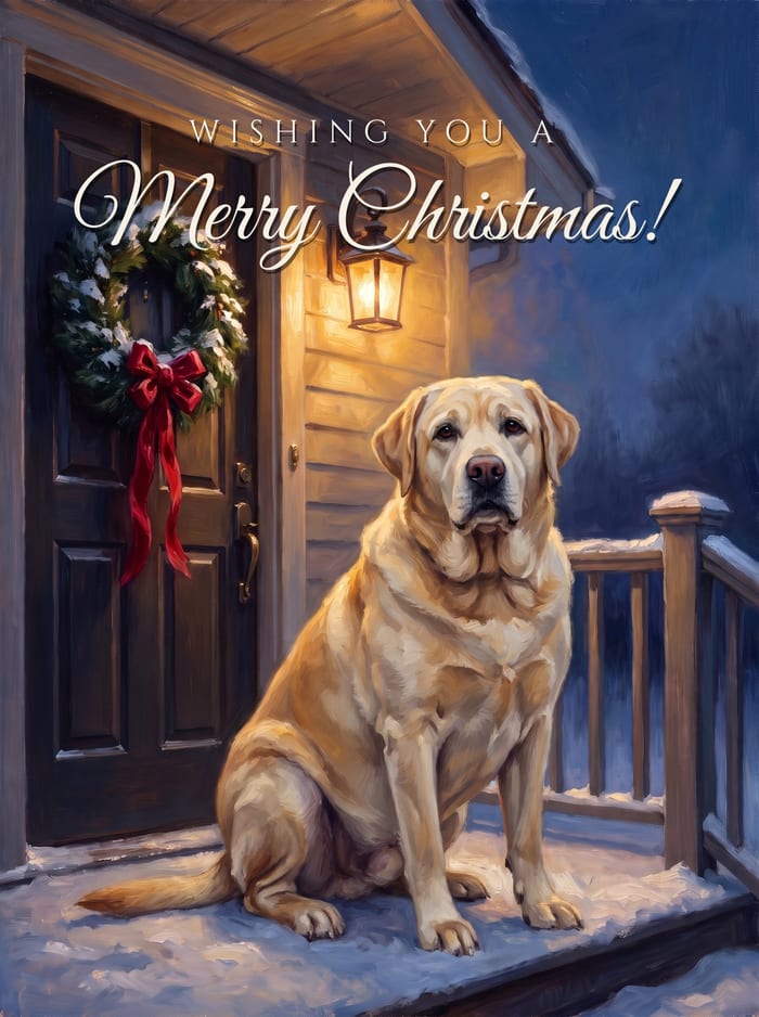 A finished card: a senior yellow Labrador on a snowy porch under a lantern, with a Christmas greeting