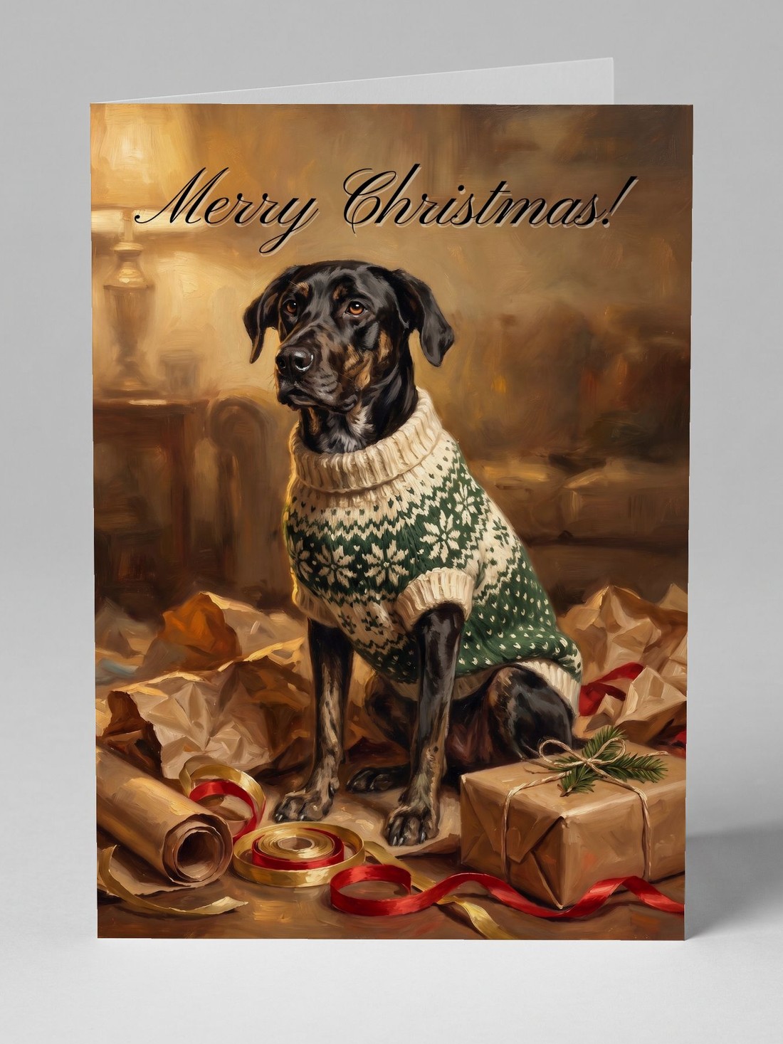A finished card: a black and brindle dog in a green fair-isle sweater among ribbons and kraft paper, under the words Merry Christmas