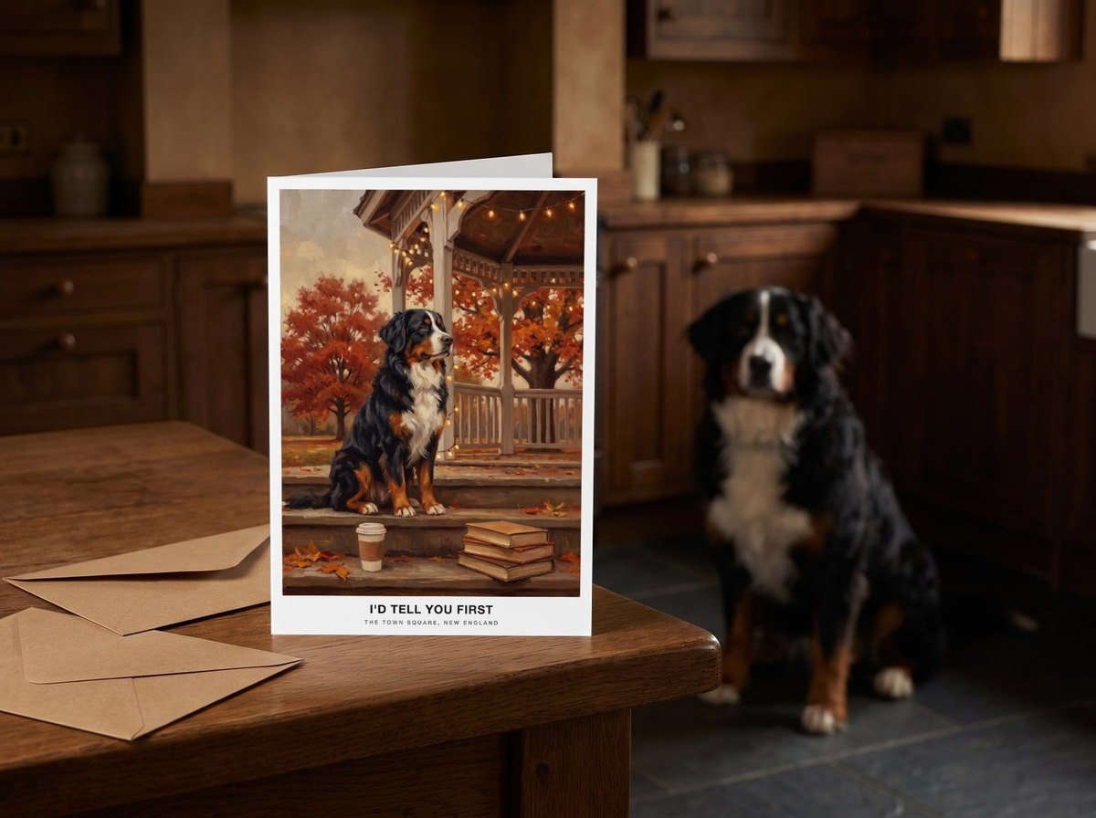 The "The Town Square" card standing on a dark oak kitchen table with a Bernese Mountain Dog sitting behind it