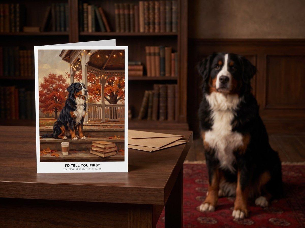 The "The Town Square" card standing on a dark walnut desk in a study with a Bernese Mountain Dog sitting behind it