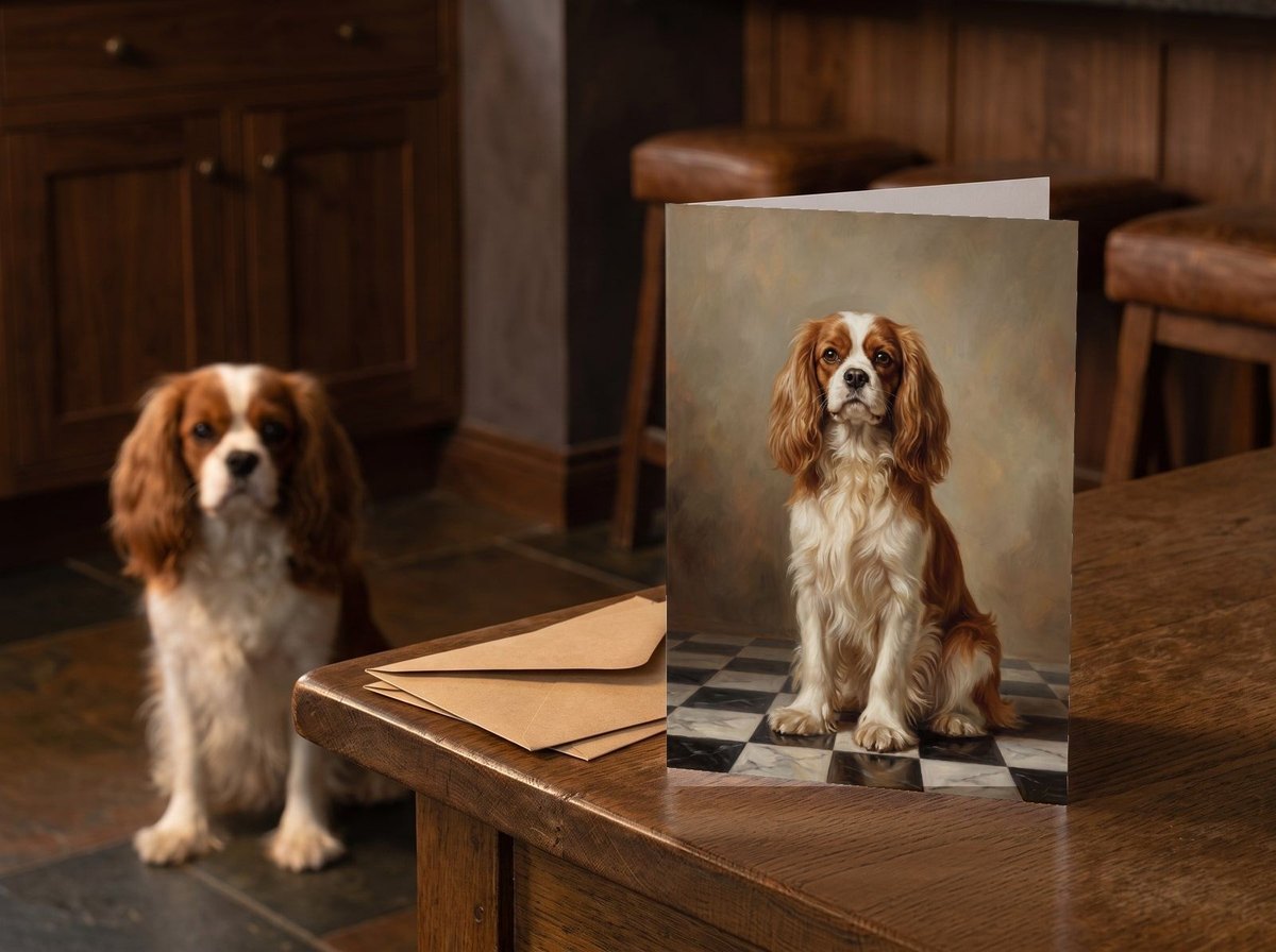 The "The Aristocrat" card standing on a dark oak kitchen table with a Cavalier King Charles Spaniel sitting behind it