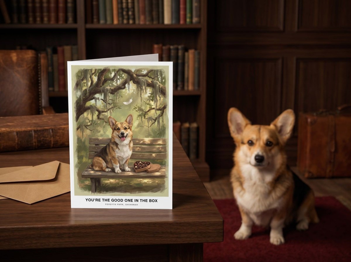 The "The Bench in Savannah" card standing on a dark walnut desk in a study with a Corgi sitting behind it