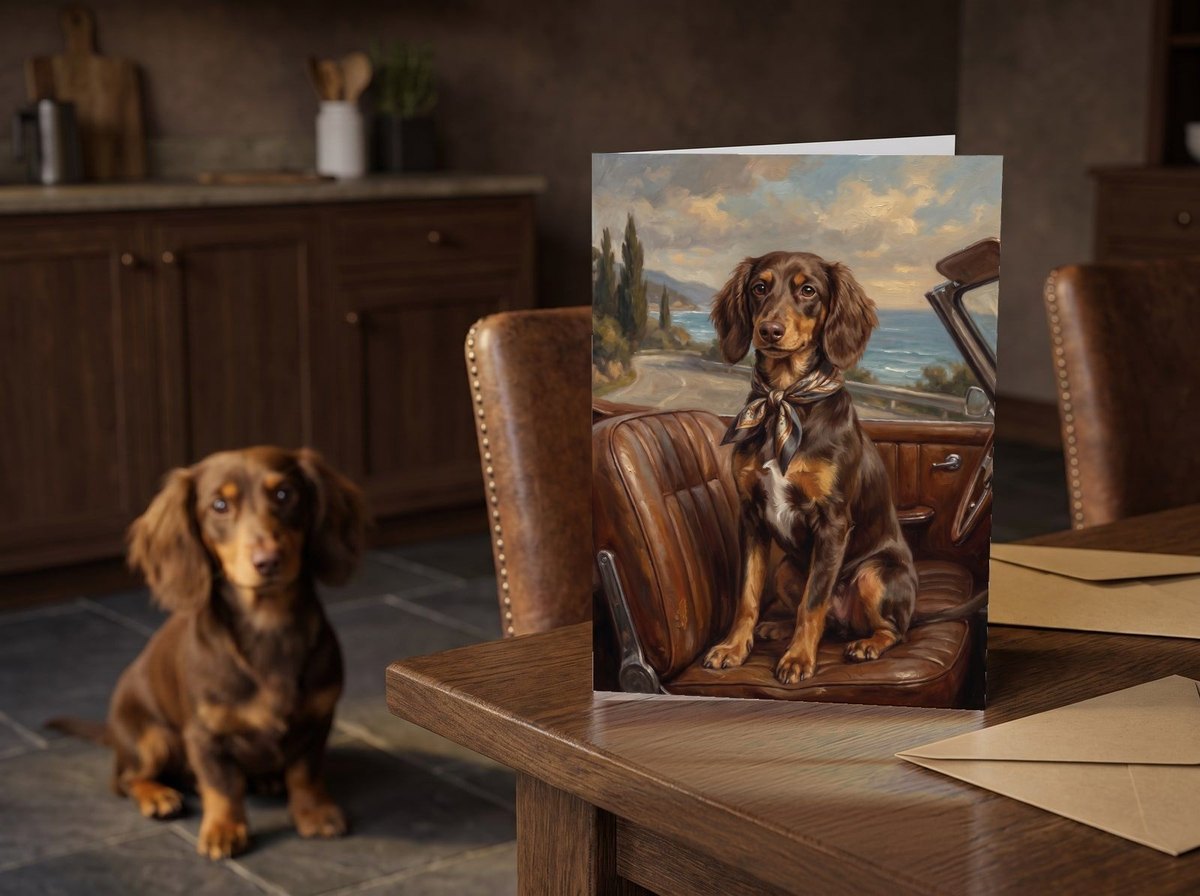 The "Riding Shotgun" card standing on a dark oak kitchen table with a Dachshund sitting behind it