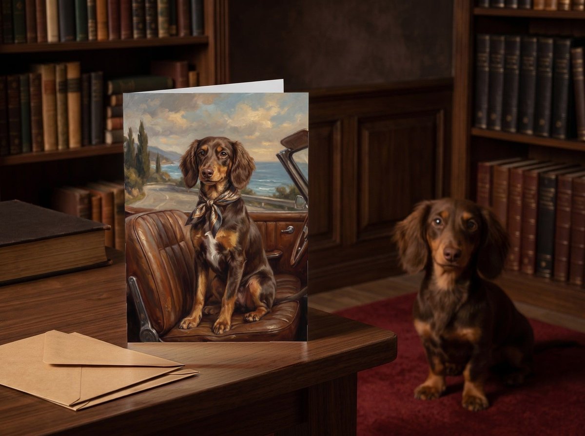 The "Riding Shotgun" card standing on a dark walnut desk in a study with a Dachshund sitting behind it