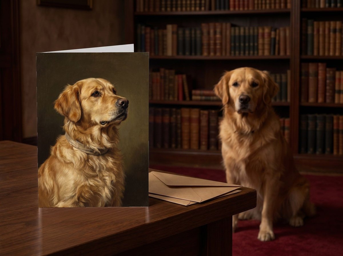 The "The Keepsake" card standing on a dark walnut desk in a study with a Golden Retriever sitting behind it