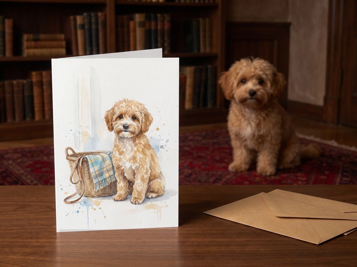 The "Welcome Home" card standing on a dark walnut desk in a study with a Maltipoo sitting behind it