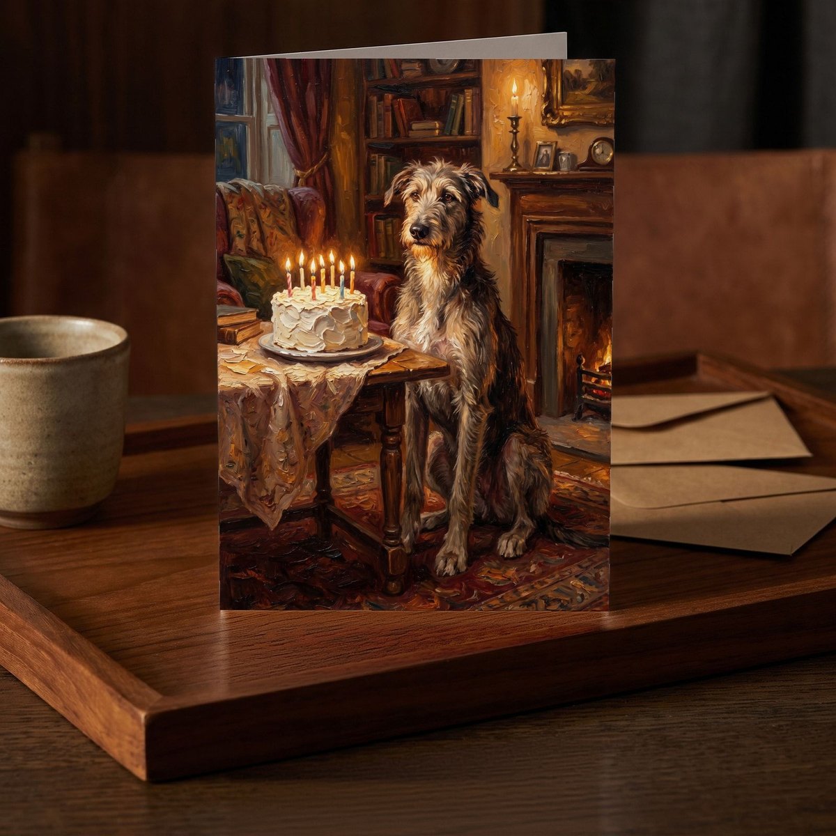 A folded card standing on a dark teak tray beside a small stoneware cup