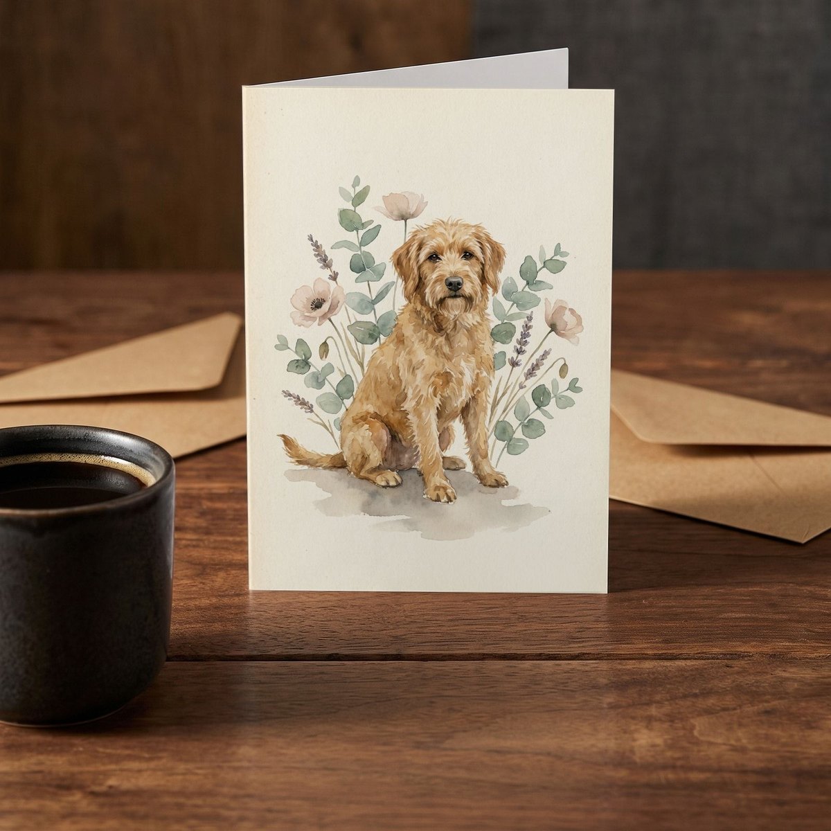 A folded card standing on a rustic wood table beside a mug of coffee