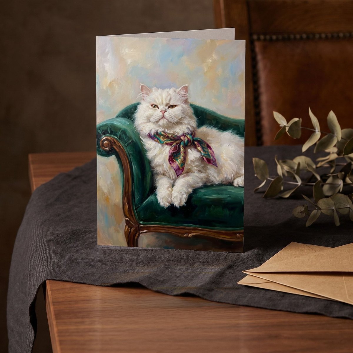 A folded card standing on a charcoal linen cloth with a sprig of dried eucalyptus