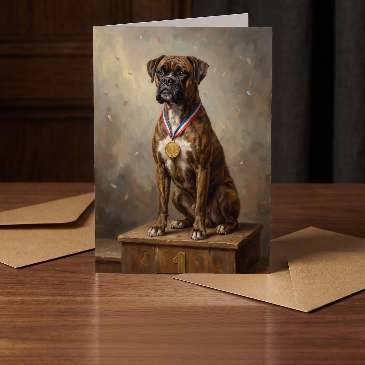 A folded card standing on a warm walnut table in a dim room