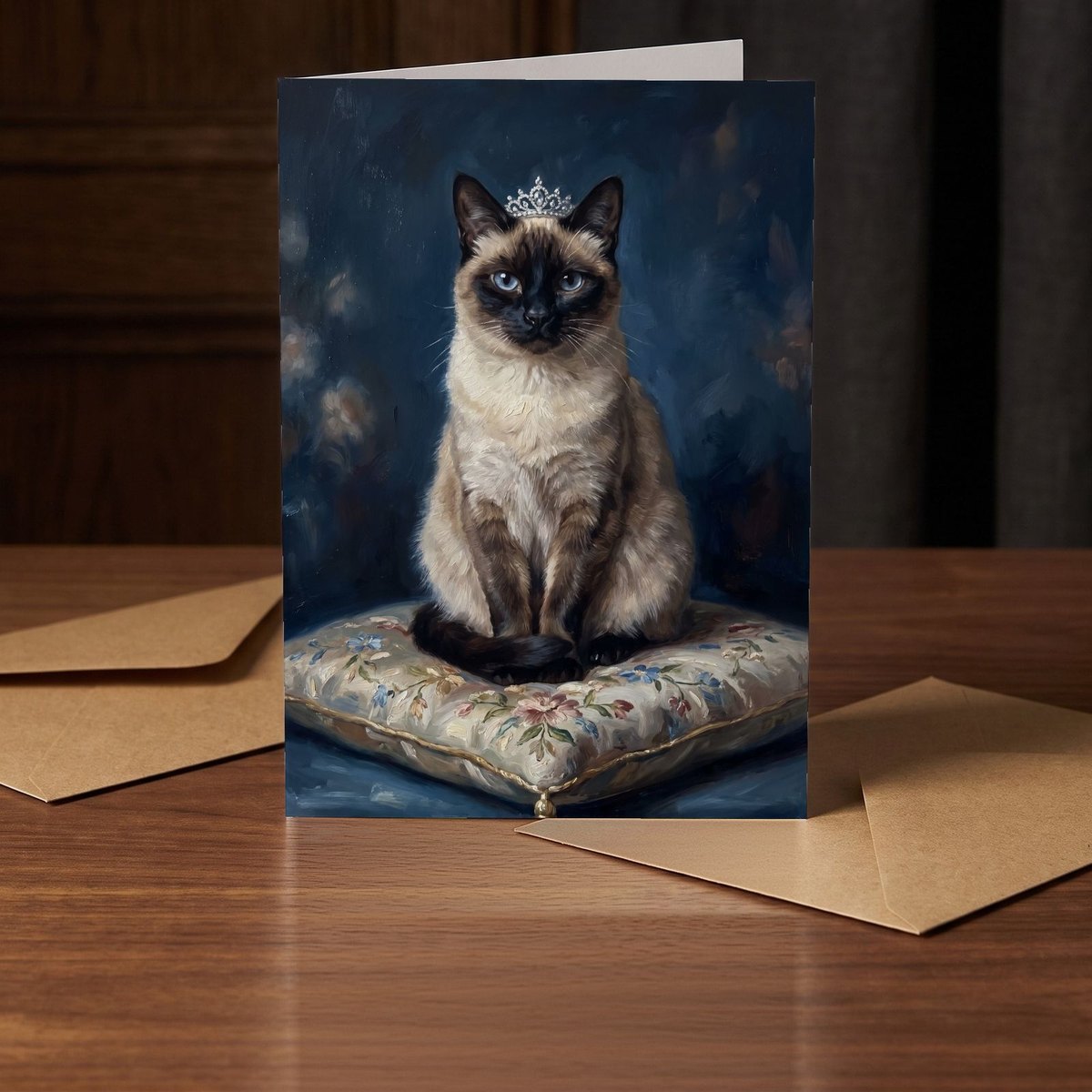 A folded card standing on a warm walnut table in a dim room