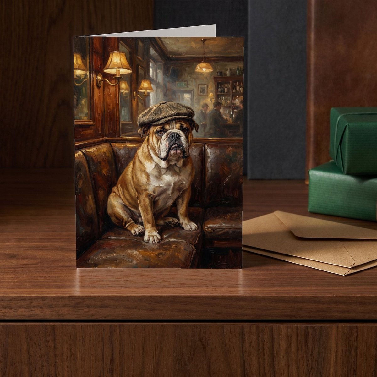 A folded card standing on a walnut sideboard beside two presents wrapped in green