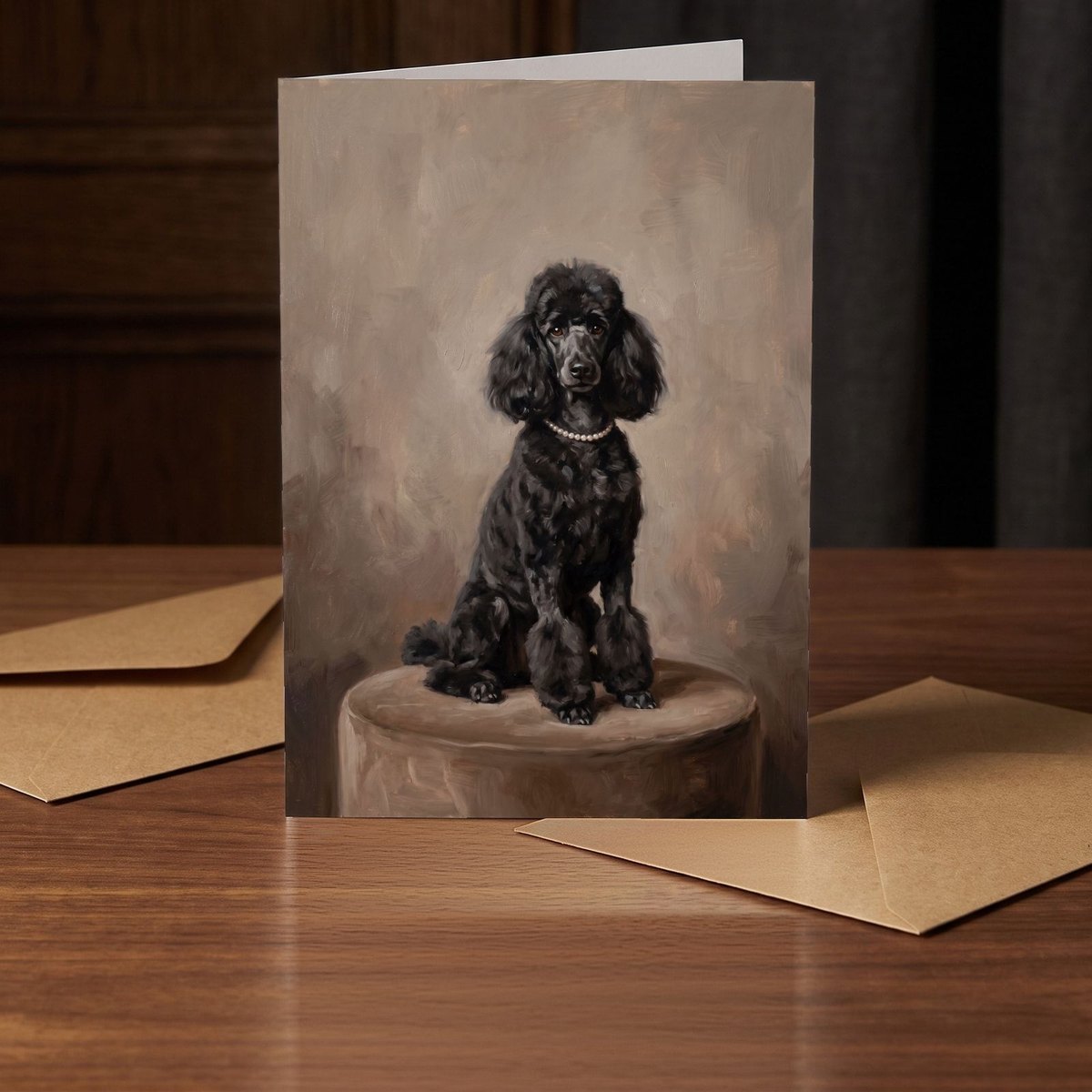 A folded card standing on a warm walnut table in a dim room