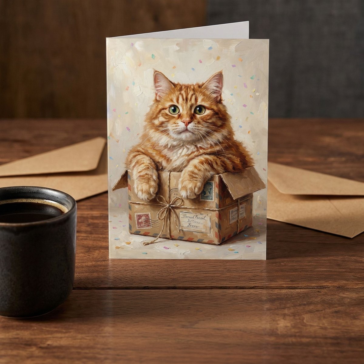 A folded card standing on a rustic wood table beside a mug of coffee