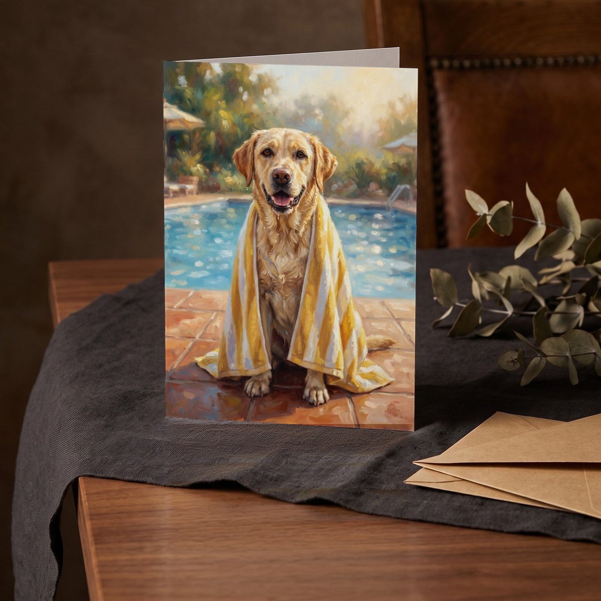 A folded card standing on a charcoal linen cloth with a sprig of dried eucalyptus