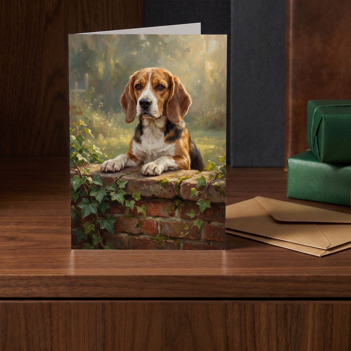 A folded card standing on a walnut sideboard beside two presents wrapped in green