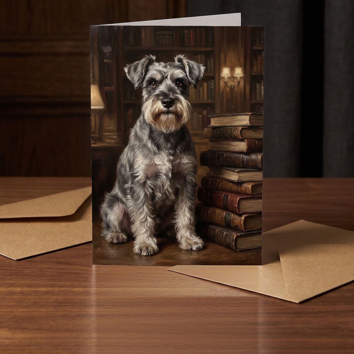 A folded card standing on a warm walnut table in a dim room