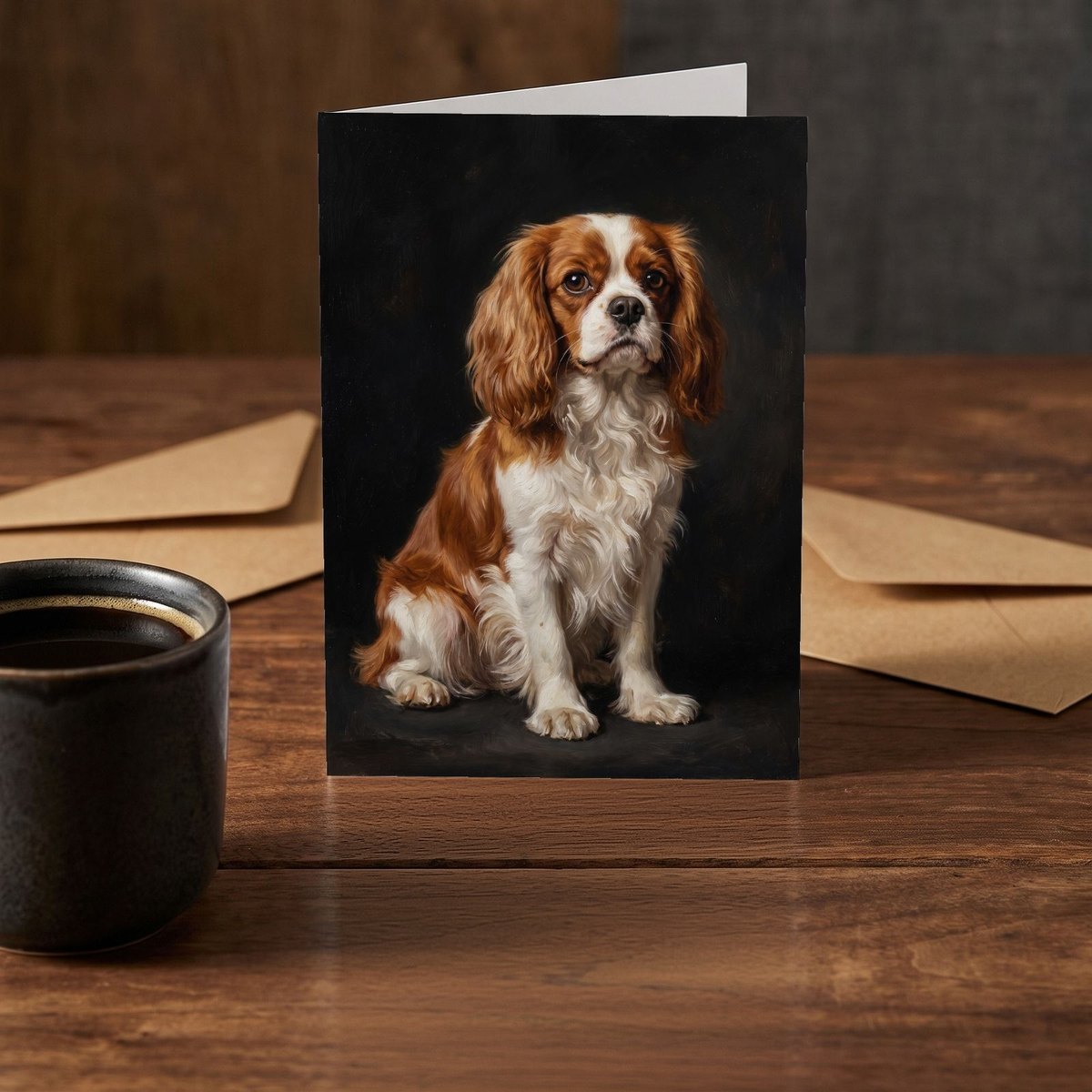 A folded card standing on a rustic wood table beside a mug of coffee