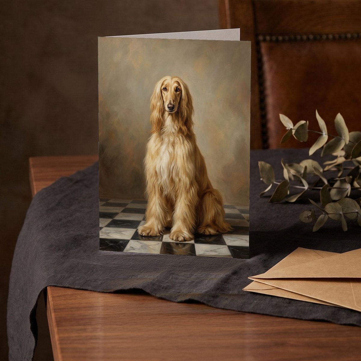 A folded card standing on a charcoal linen cloth with a sprig of dried eucalyptus