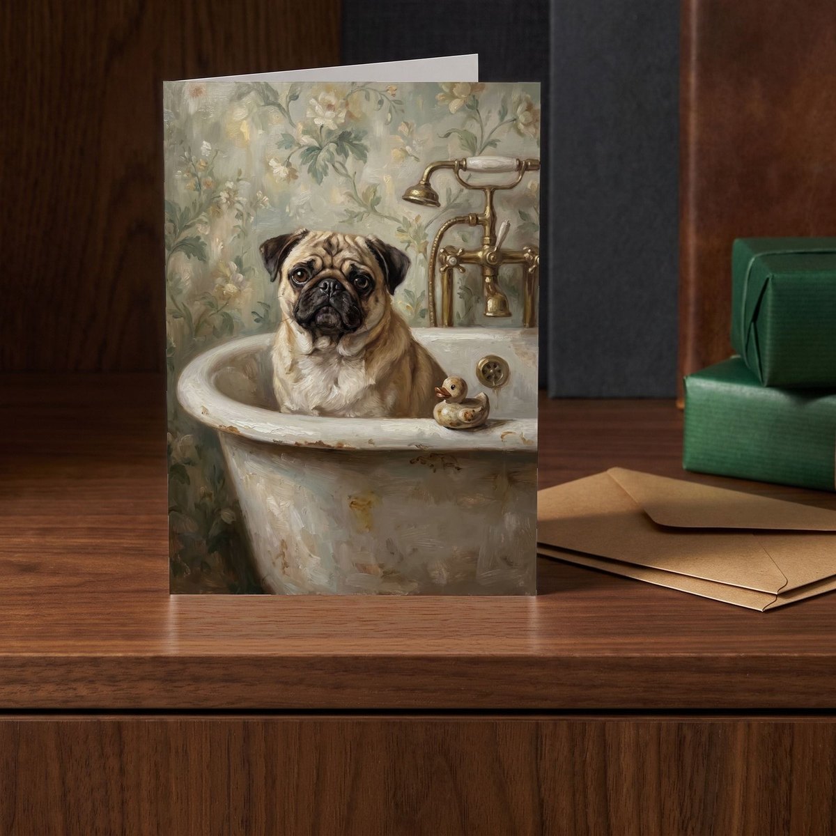 A folded card standing on a walnut sideboard beside two presents wrapped in green
