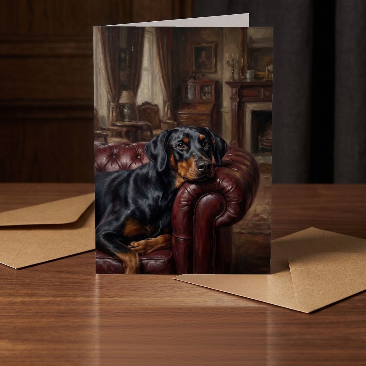 A folded card standing on a warm walnut table in a dim room