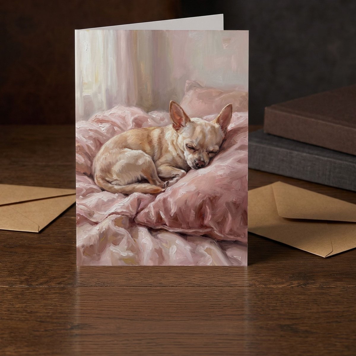 A folded card standing on a dark oak table beside two clothbound books
