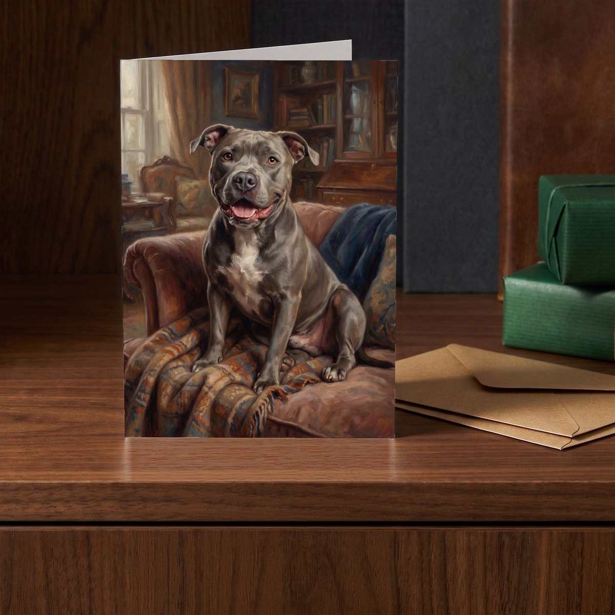 A folded card standing on a walnut sideboard beside two presents wrapped in green