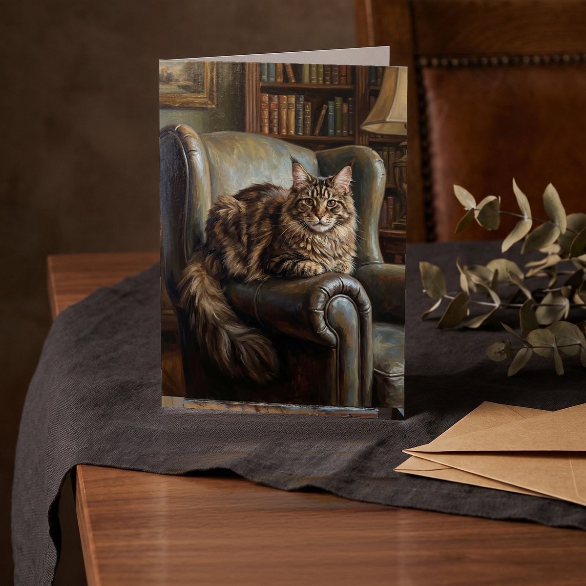 A folded card standing on a charcoal linen cloth with a sprig of dried eucalyptus