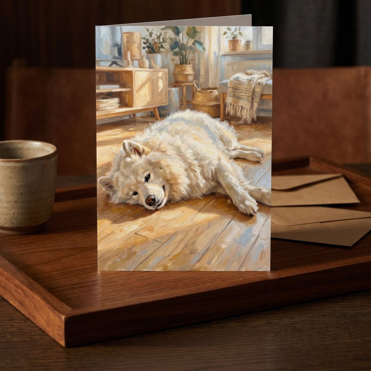 A folded card standing on a dark teak tray beside a small stoneware cup