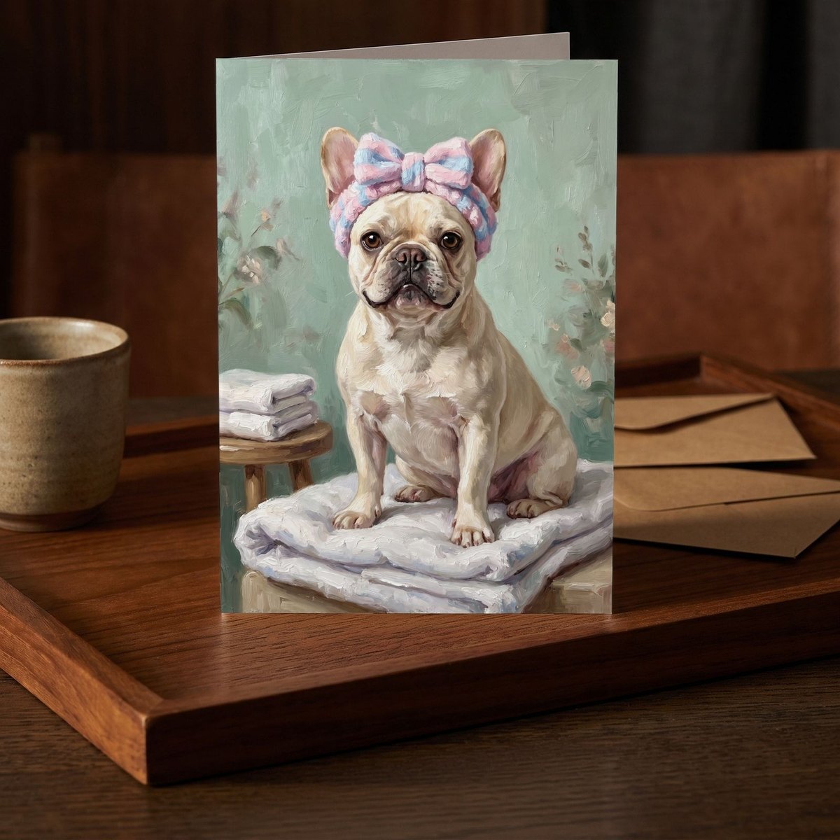 A folded card standing on a dark teak tray beside a small stoneware cup