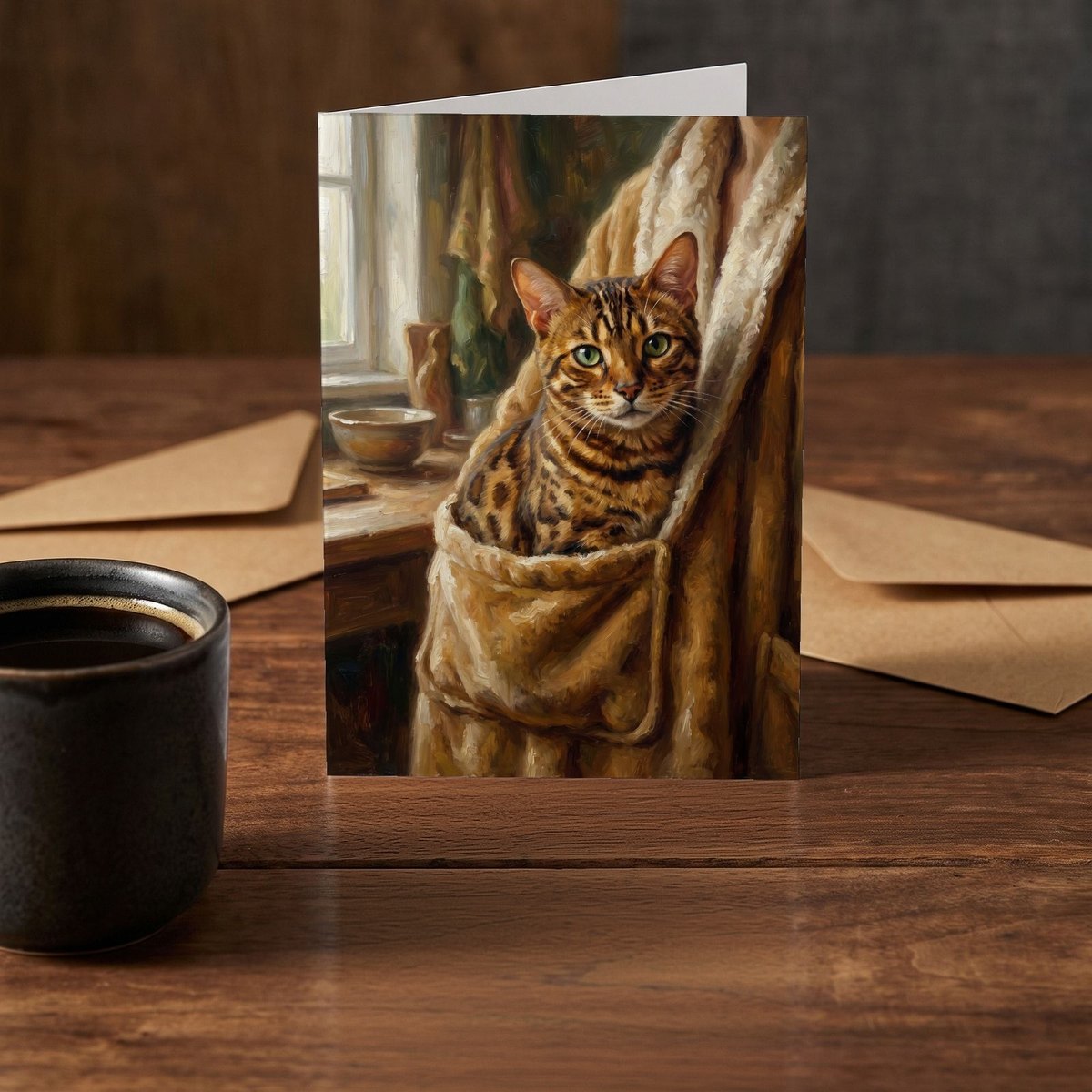 A folded card standing on a rustic wood table beside a mug of coffee