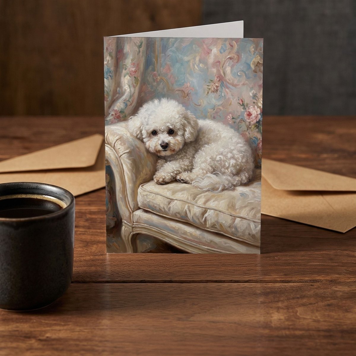 A folded card standing on a rustic wood table beside a mug of coffee