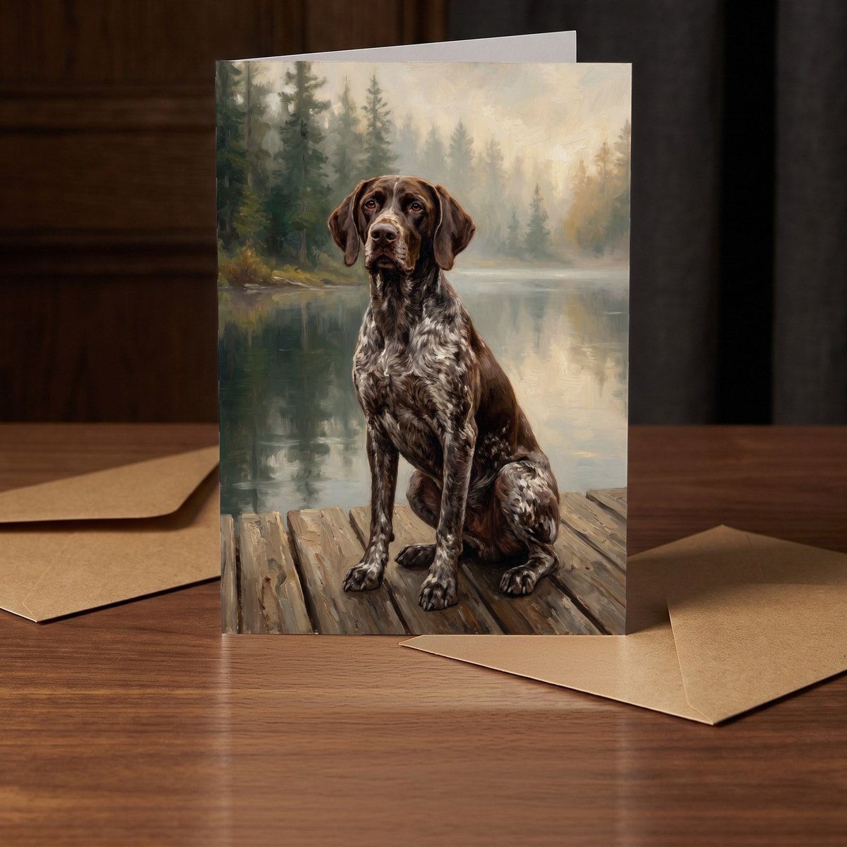 A folded card standing on a warm walnut table in a dim room
