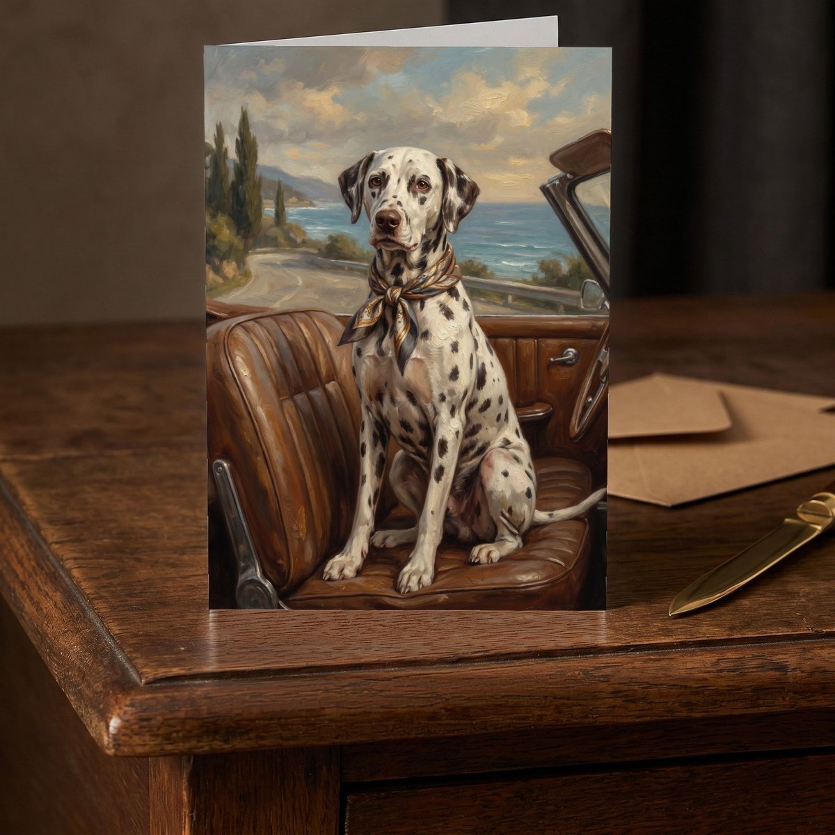 A folded card standing on a dark oak writing desk beside a brass letter opener