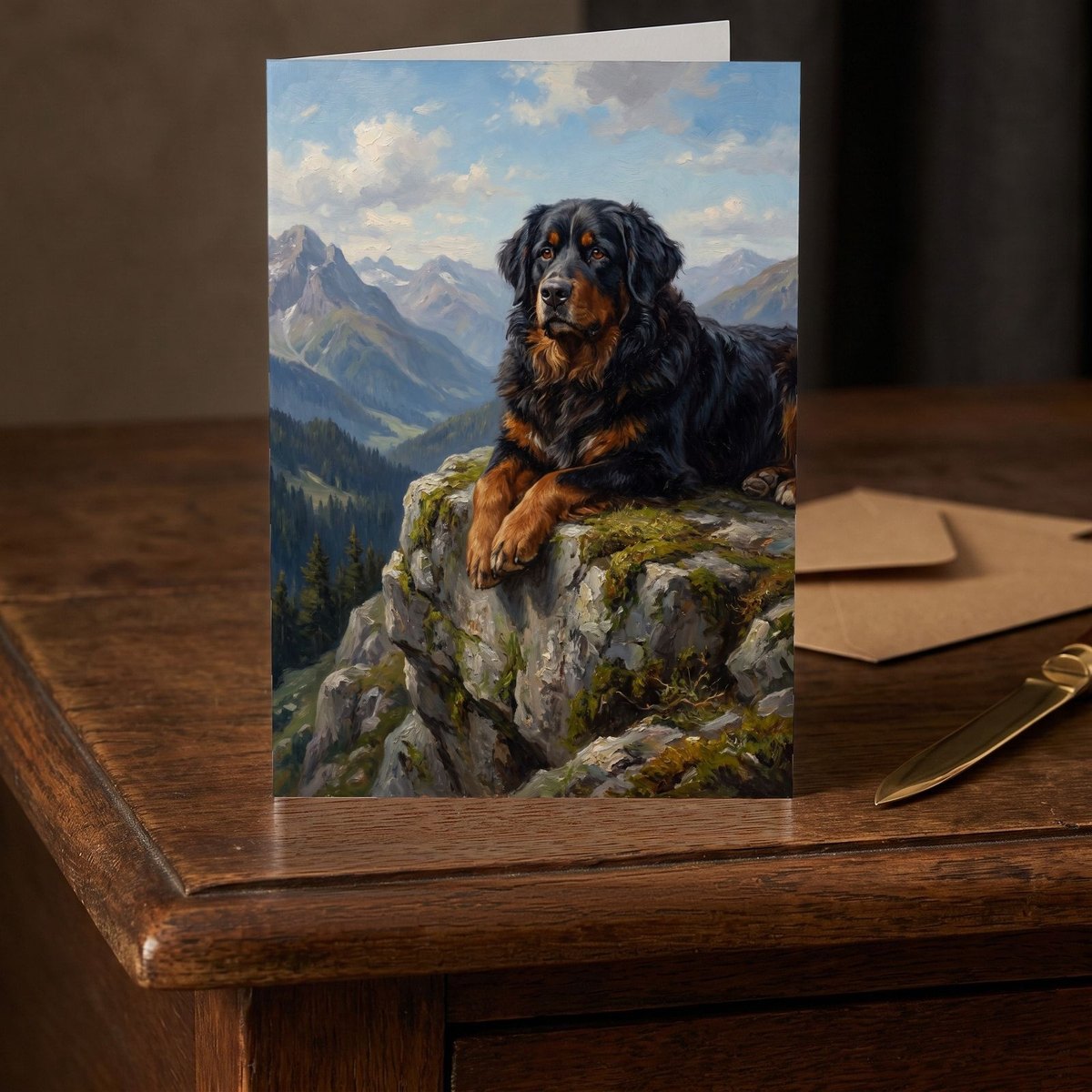 A folded card standing on a dark oak writing desk beside a brass letter opener
