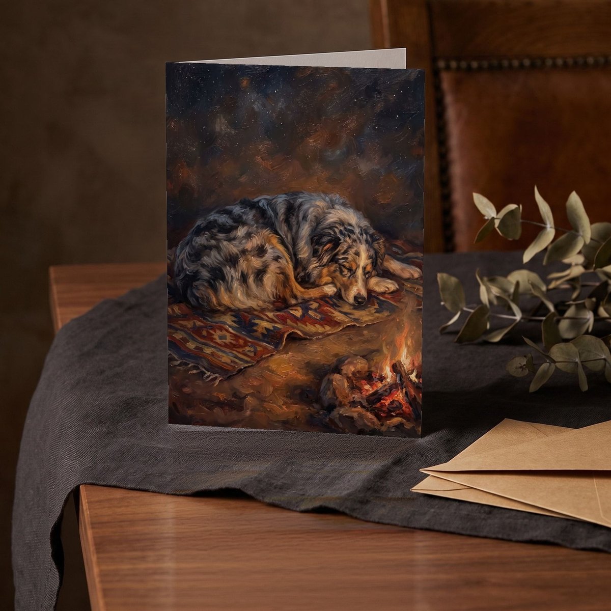 A folded card standing on a charcoal linen cloth with a sprig of dried eucalyptus