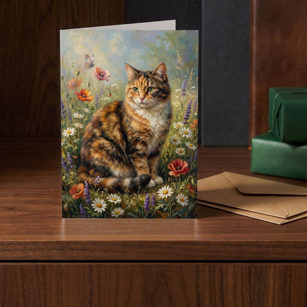 A folded card standing on a walnut sideboard beside two presents wrapped in green