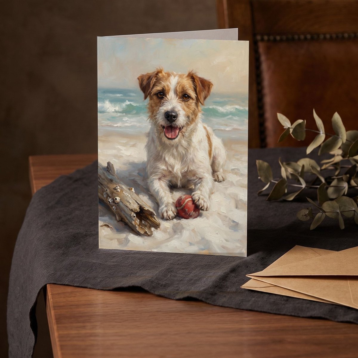 A folded card standing on a charcoal linen cloth with a sprig of dried eucalyptus