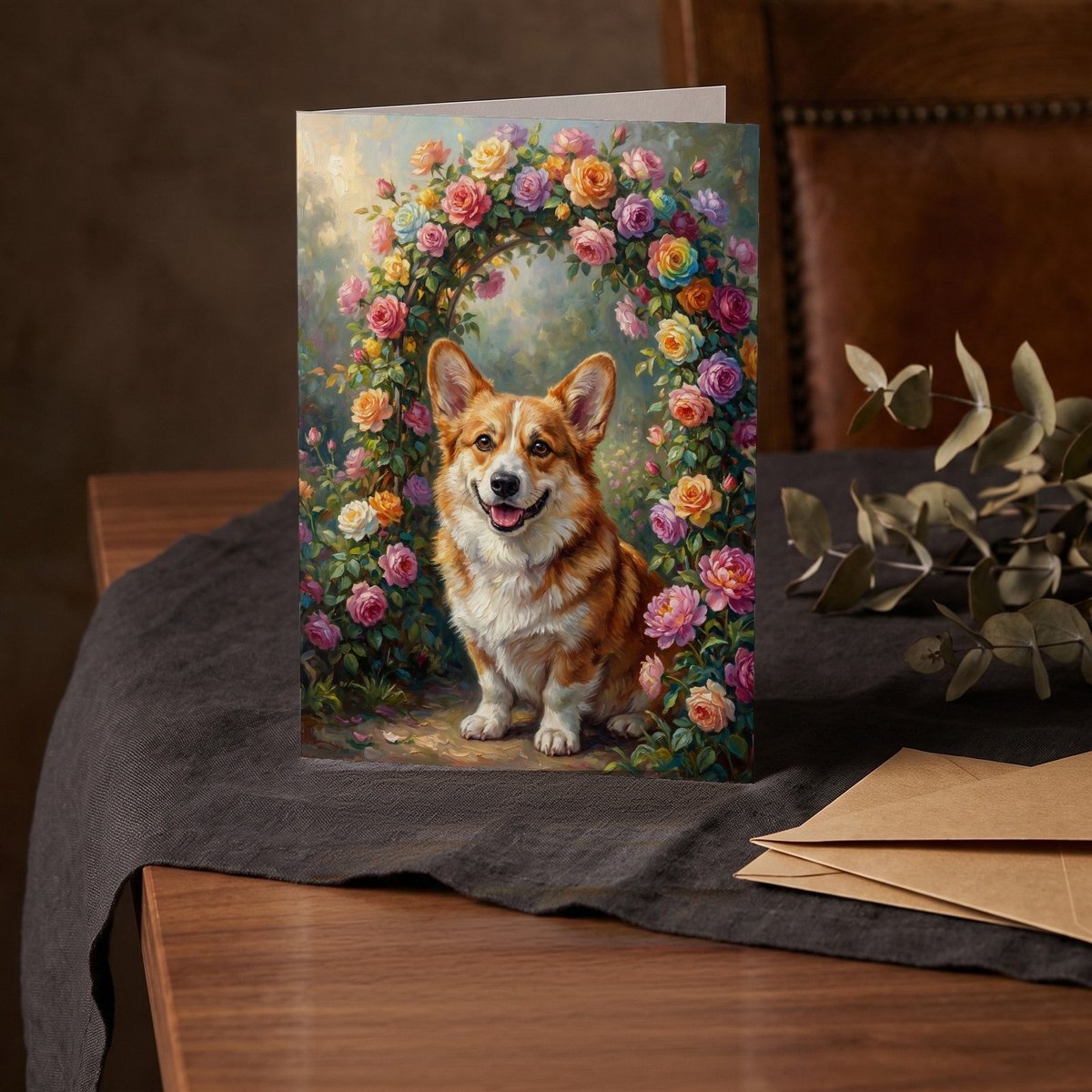 A folded card standing on a charcoal linen cloth with a sprig of dried eucalyptus