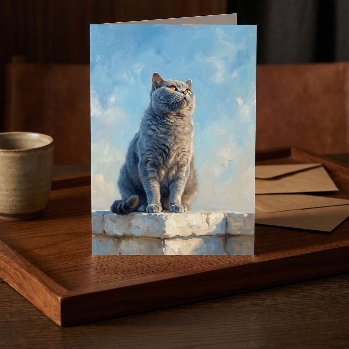 A folded card standing on a dark teak tray beside a small stoneware cup