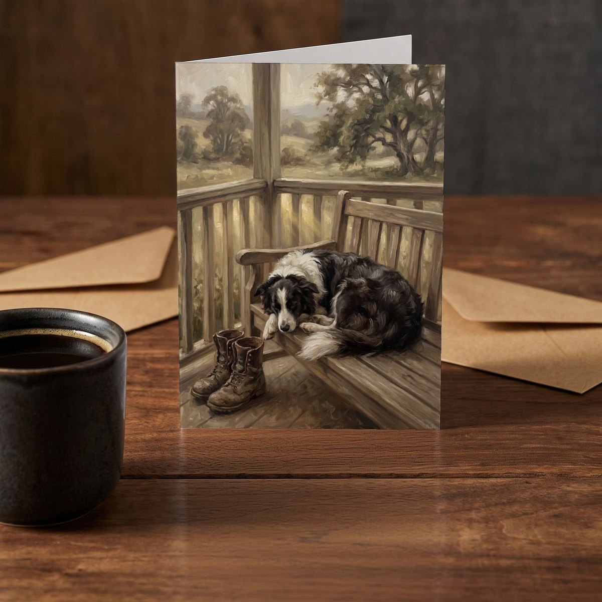 A folded card standing on a rustic wood table beside a mug of coffee