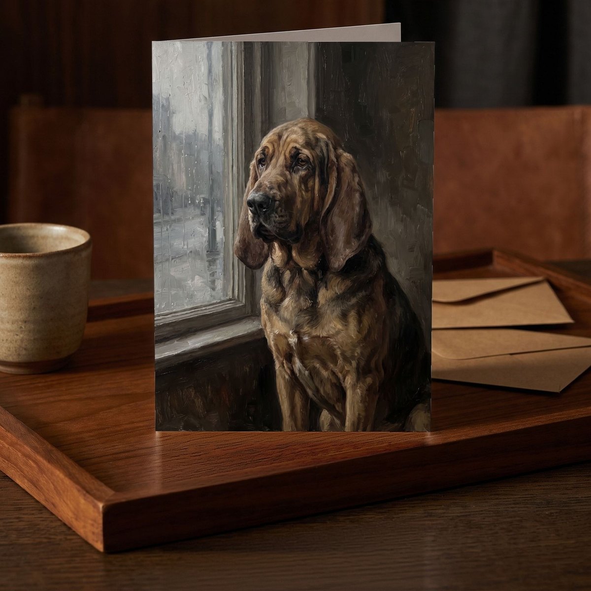 A folded card standing on a dark teak tray beside a small stoneware cup