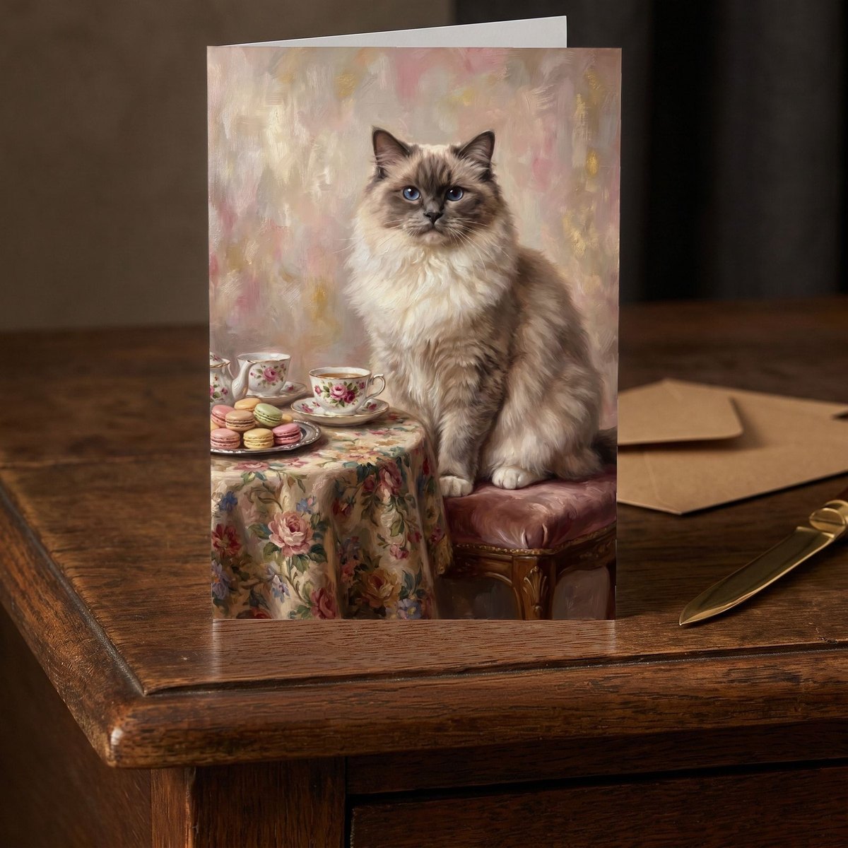 A folded card standing on a dark oak writing desk beside a brass letter opener