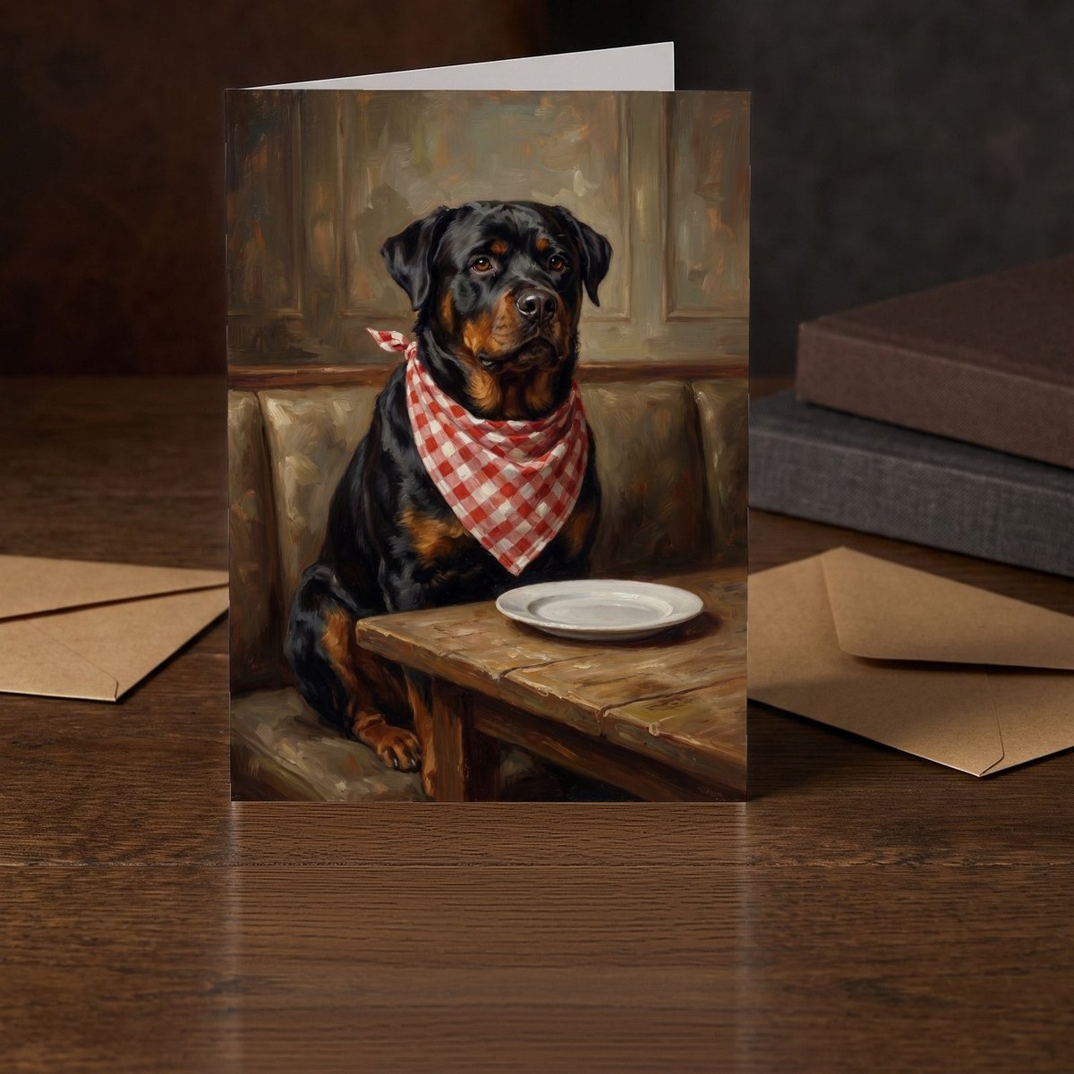 A folded card standing on a dark oak table beside two clothbound books