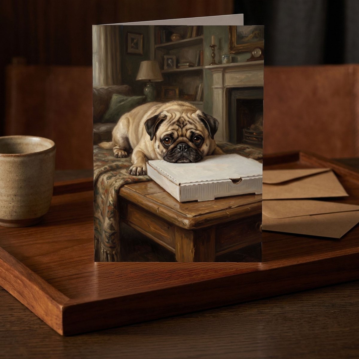 A folded card standing on a dark teak tray beside a small stoneware cup