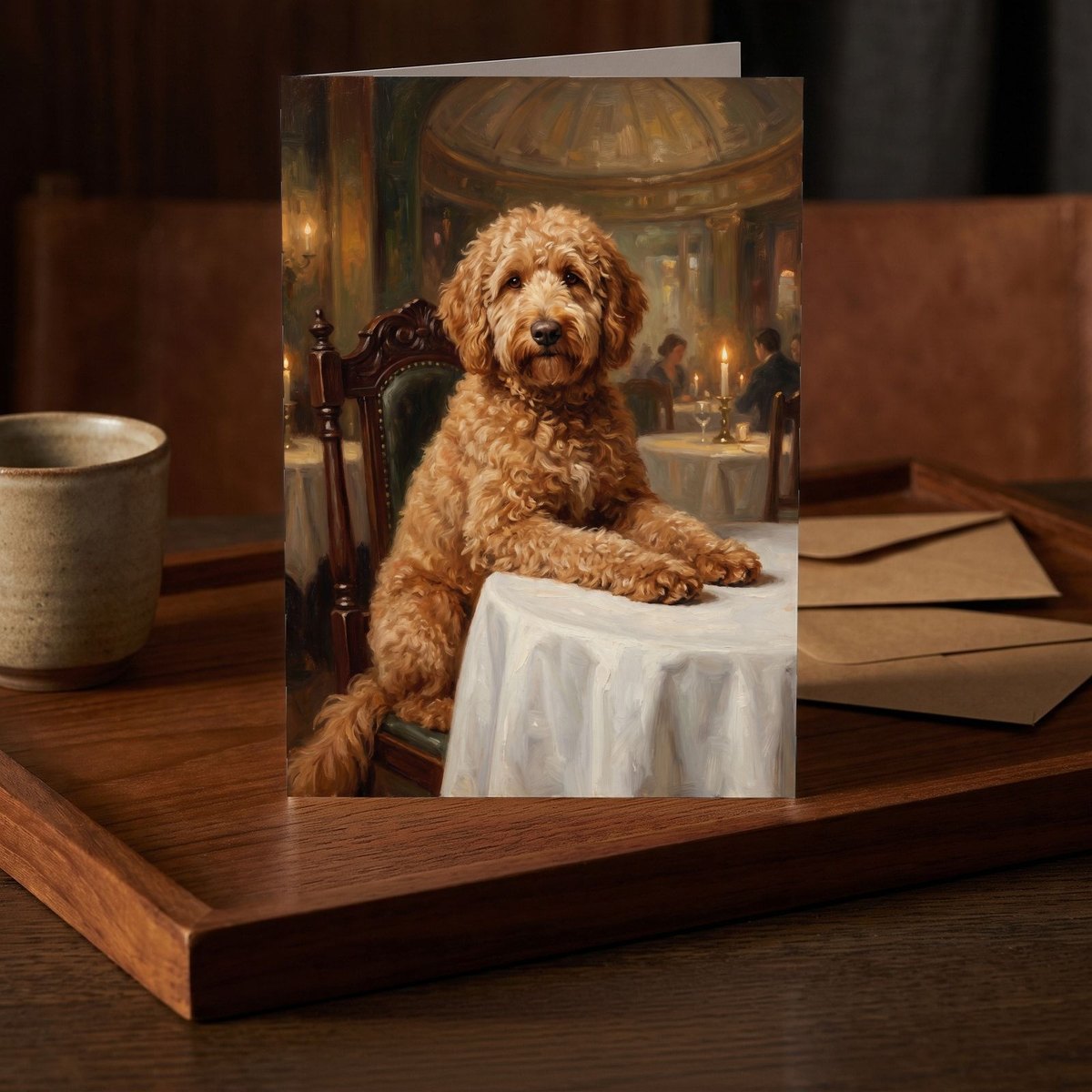 A folded card standing on a dark teak tray beside a small stoneware cup