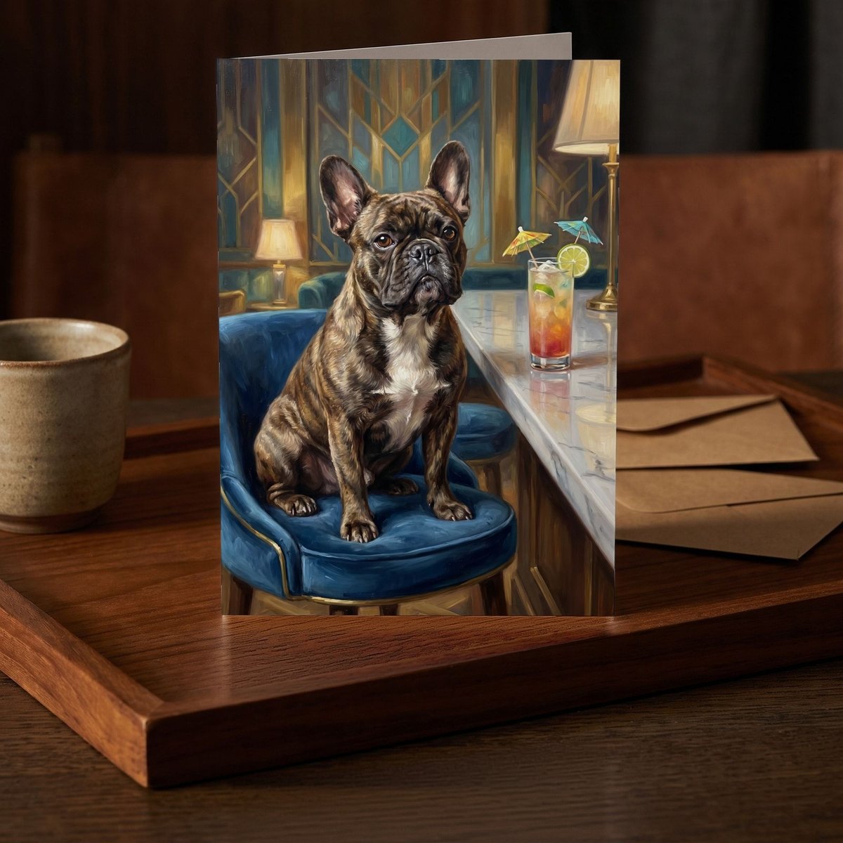 A folded card standing on a dark teak tray beside a small stoneware cup