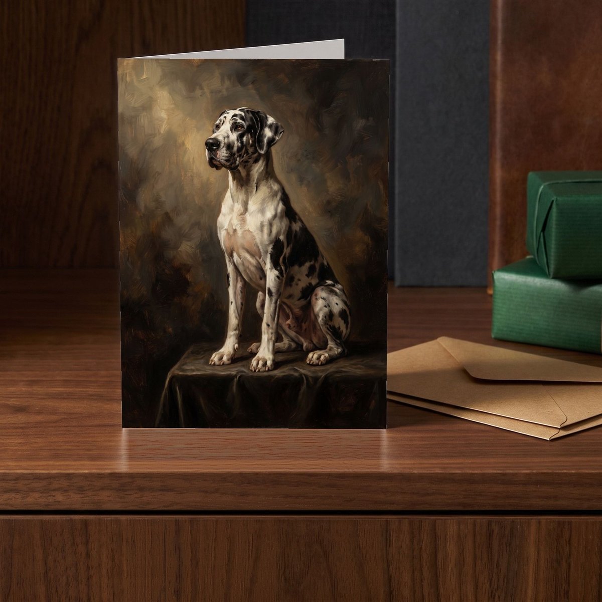 A folded card standing on a walnut sideboard beside two presents wrapped in green