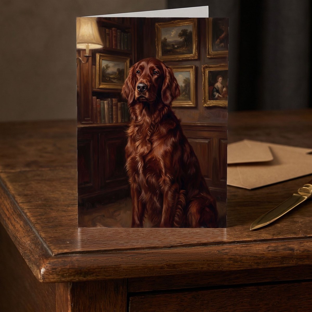 A folded card standing on a dark oak writing desk beside a brass letter opener